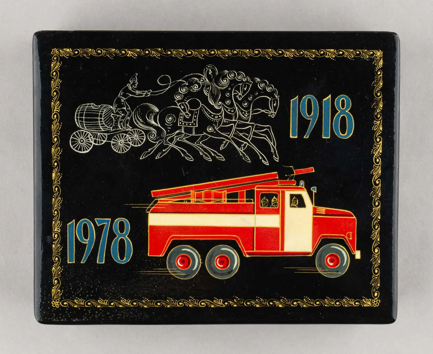 (Пожарная охрана) Шкатулка к 60-летию советской пожарной охраны. 1918-1978. СССР, Федоскино, 1978. — фото 2