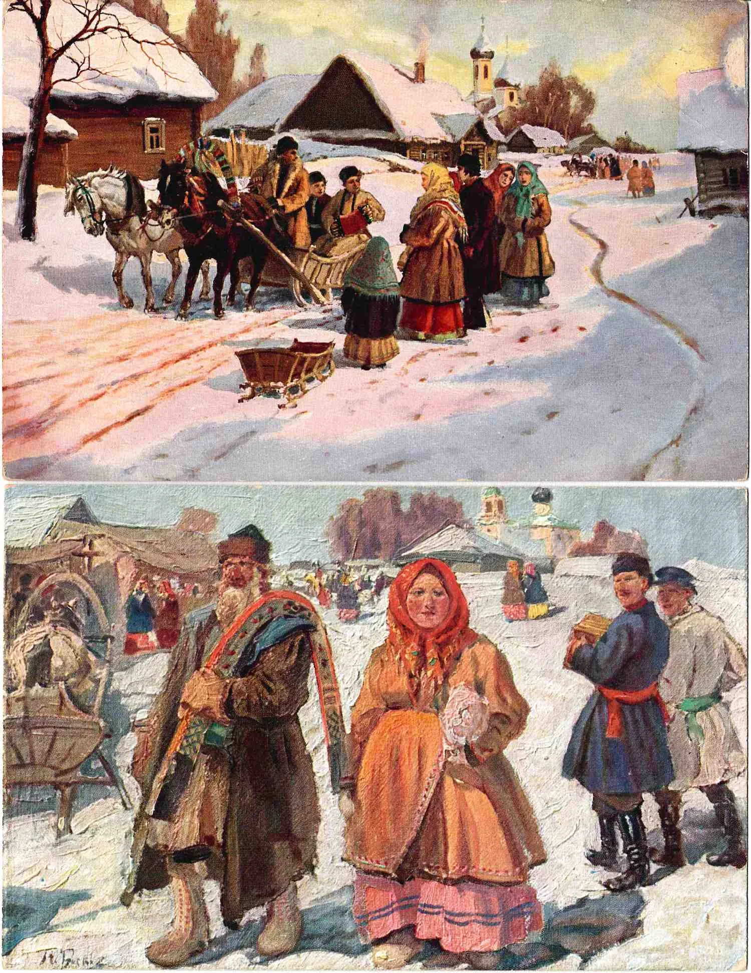 Открытки «На ярмарке» (художник М.В. Боскин) и «Святки» (художник Львов). Издание «Гранберг», нач. XX века. — фото 1