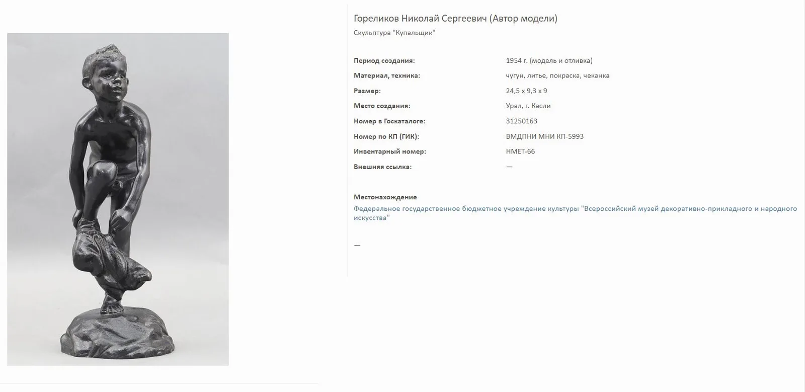 (Касли) Скульптура «Купальщик». СССР, Урал, г. Касли, Каслинский чугунолитейный завод, скульптор Н.С. Гореликов, 1954. — фото 5