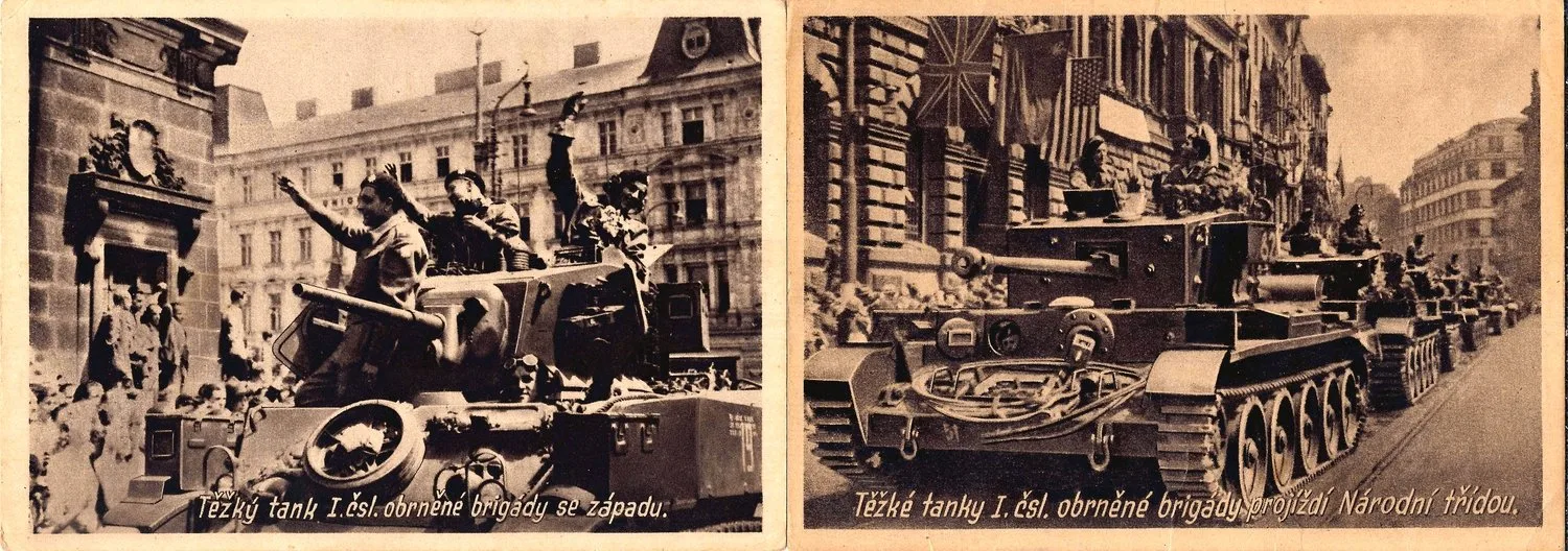 2 открытки «Танки 1-й отдельной чехословацкой танковой бригады на улицах освобождённой Праги». Чехословакия, 1945. — фото 1