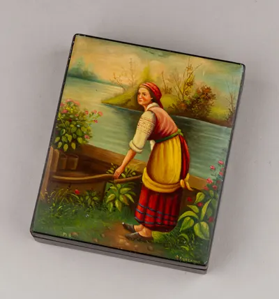 Шкатулка «Девушка у реки». СССР, Федоскино, 1950-е – 1960-е годы.