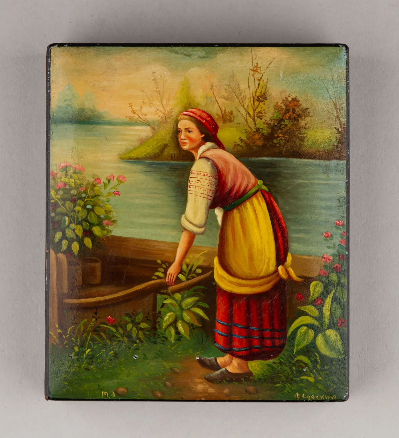 Шкатулка «Девушка у реки». СССР, Федоскино, 1950-е – 1960-е годы. — фото 2