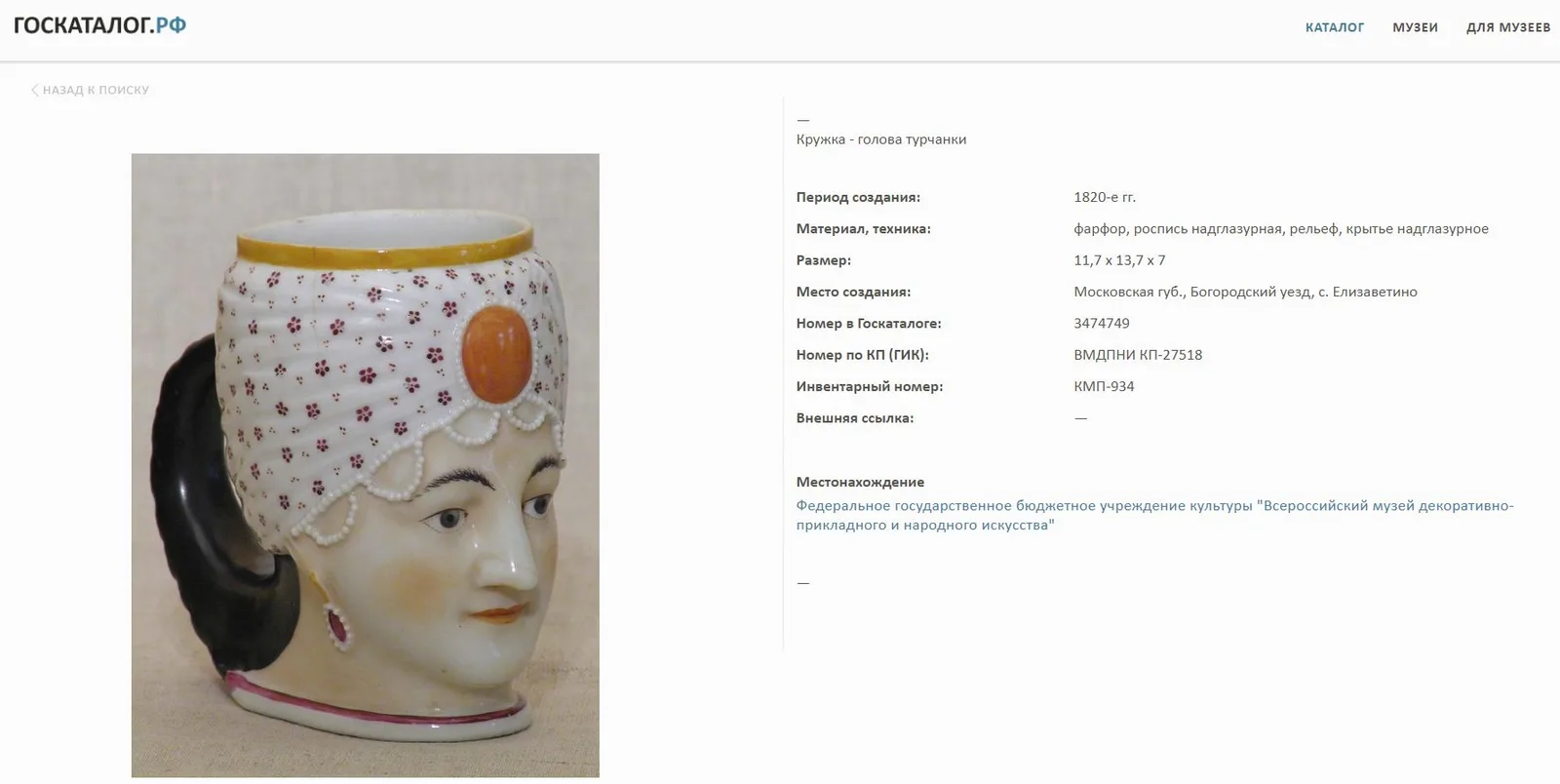 Кружка в виде головы турчанки. Россия, Завод Н. М. Сипягина в Елизаветино, 1820-1830-е гг. — фото 6
