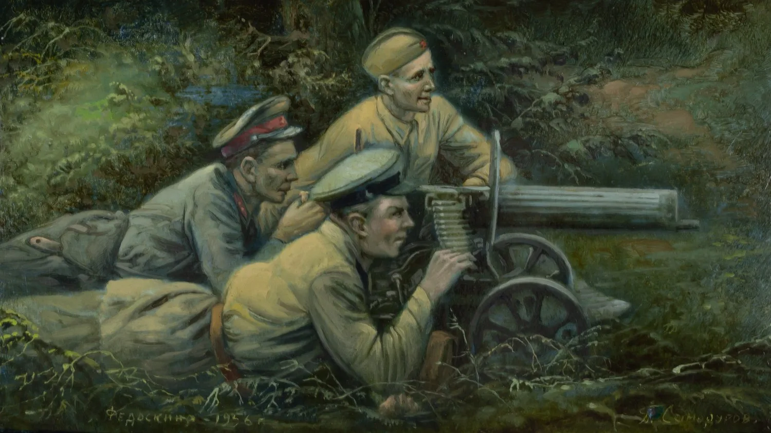 (Федоскино) Шкатулка «Красноармейцы- пулеметчики». СССР, Федоскино, художник Б. Самодуров, 1956 год. — фото 2