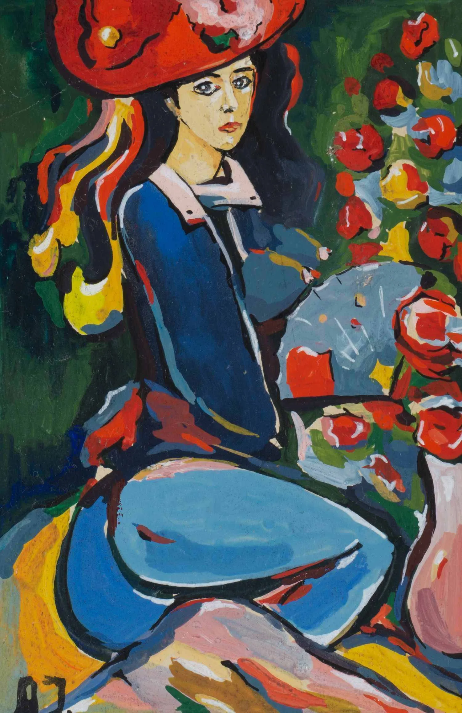 Неизвестный художник (Инициалы A.J.). Девушка в красной шляпке. Середина XX века. — фото 1