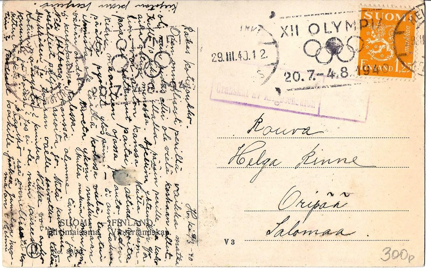 Финляндия. Почтовая карточка с виньеткой «XII Олимпийские игры. Хельсинки. Финляндия. 1940», прошедшая почту (отправлено из Хельсинки 29 марта 1940 года, специальное гашение «XII Olympia»). — фото 2
