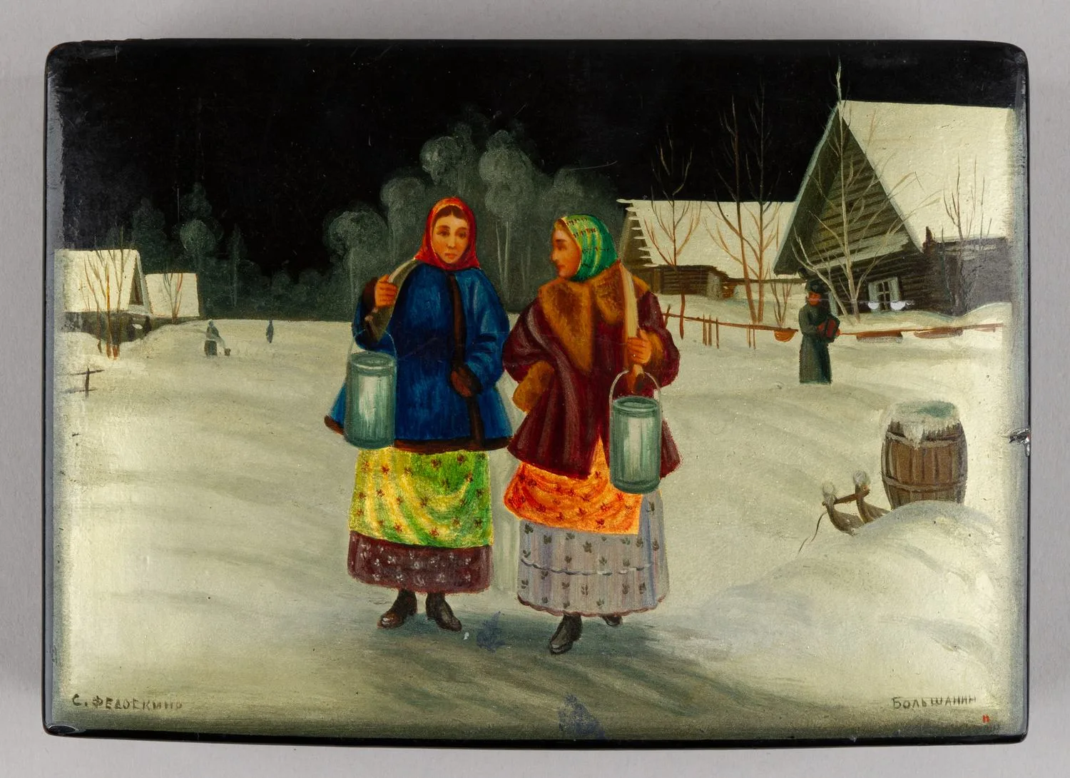 Шкатулка «Соперницы». Федоскино, по оригиналу картины Касаткина Н.А. «Соперницы» (1890 г.), автор росписи Большанин, середина ХХ века. — фото 2