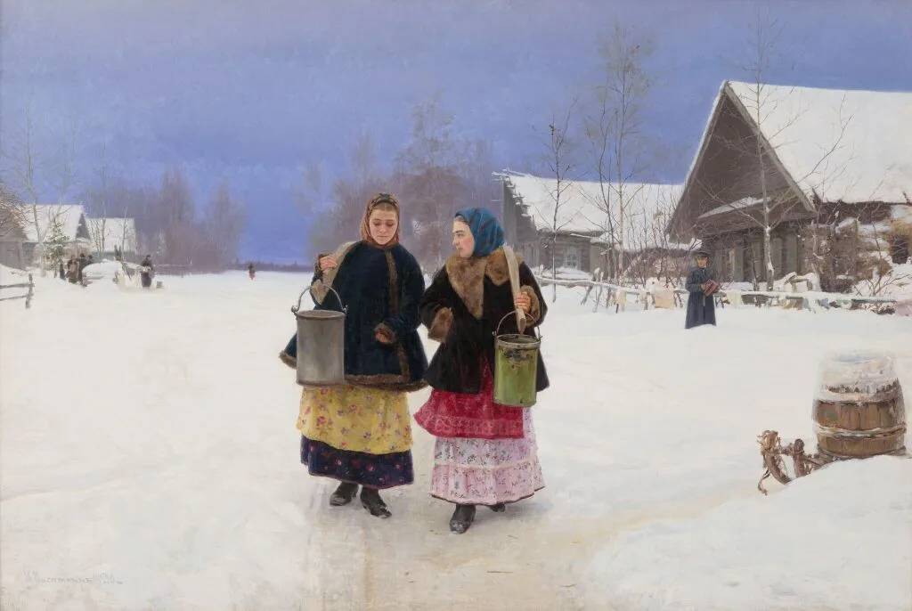 Шкатулка «Соперницы». Федоскино, по оригиналу картины Касаткина Н.А. «Соперницы» (1890 г.), автор росписи Большанин, середина ХХ века. — фото 5