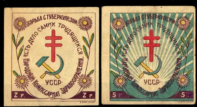 Киев. 2 непочтовые марки Наркомздрава УССР «Борьба с туберкулёзом - дело самих трудящихся». Номинал 2, 5 рублей. 1923.
