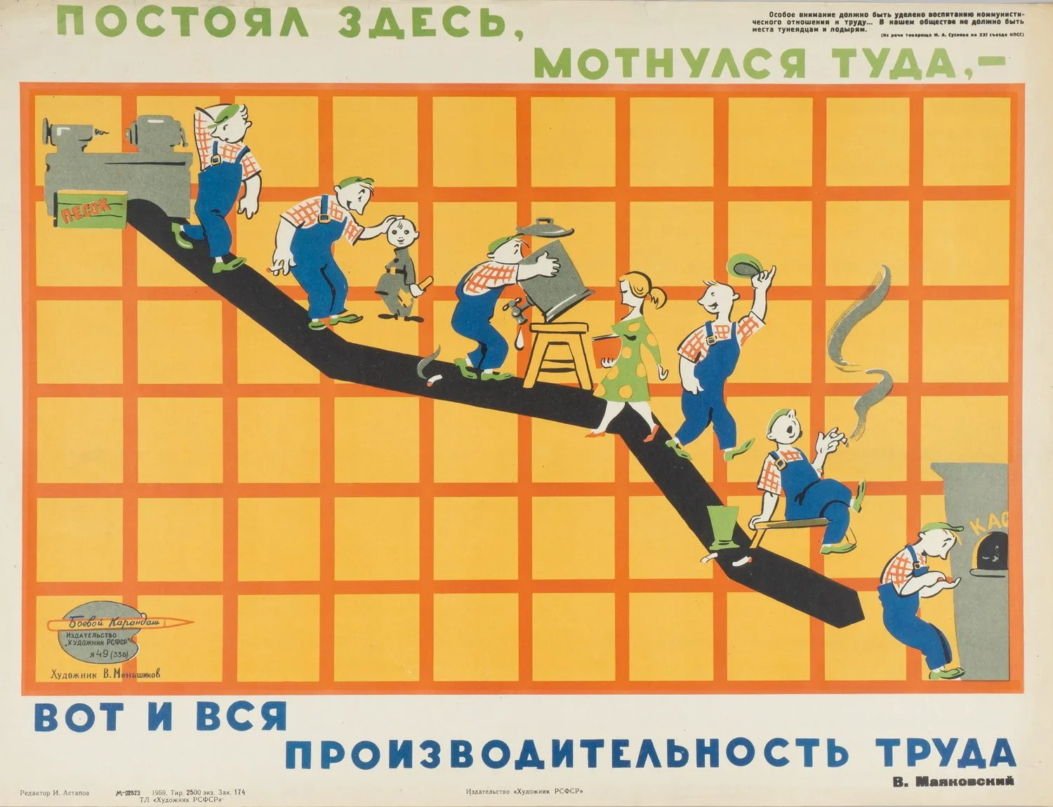 («Боевой карандаш») Меньшиков В.М. Плакат «Постоял здесь, мотнулся туда…» (Л., 1959). — фото 1