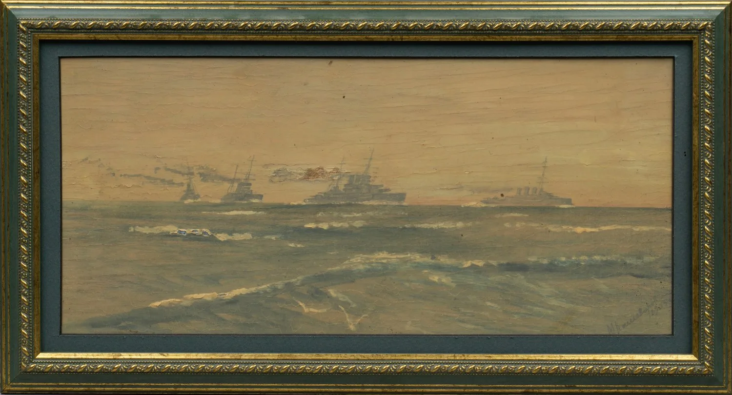 Неизвестный художник (Кашеваров по подписи). Корабли в море. 1935. — фото 1