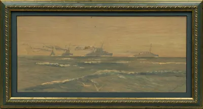 Неизвестный художник (Кашеваров по подписи). Корабли в море. 1935.