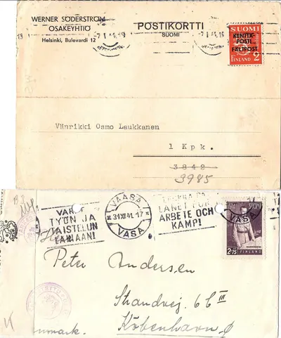 Финляндия. Конверт письма и почтовая карточка. 1940-е годы.