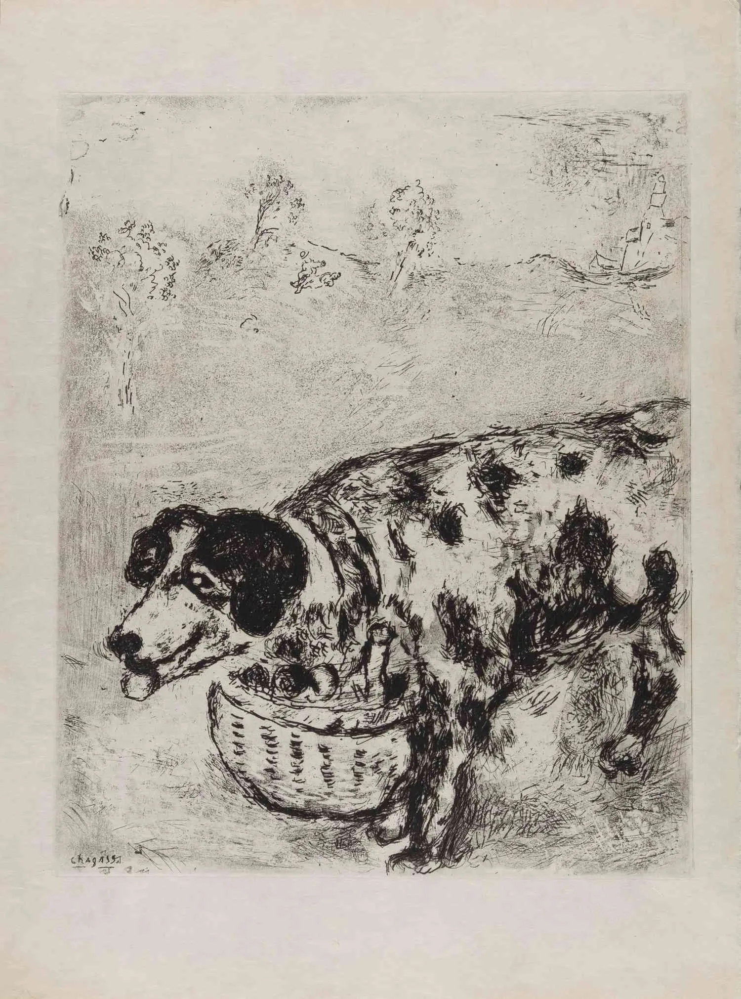 Шагал Марк Захарович. Собака с хозяйским обедом. 1927. Иллюстрация к басне Жана де Лафонтена. — фото 1