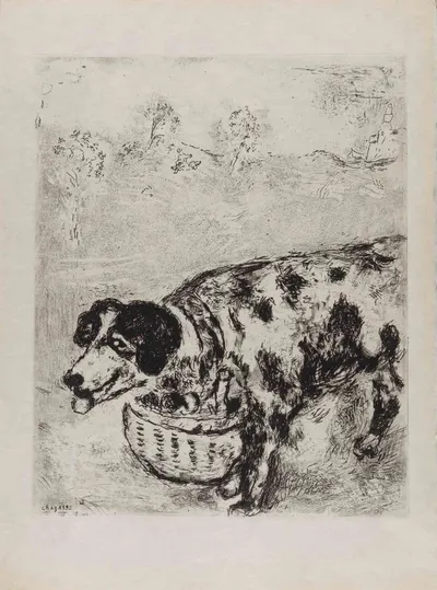 Шагал Марк Захарович. Собака с хозяйским обедом. 1927. Иллюстрация к басне Жана де Лафонтена.