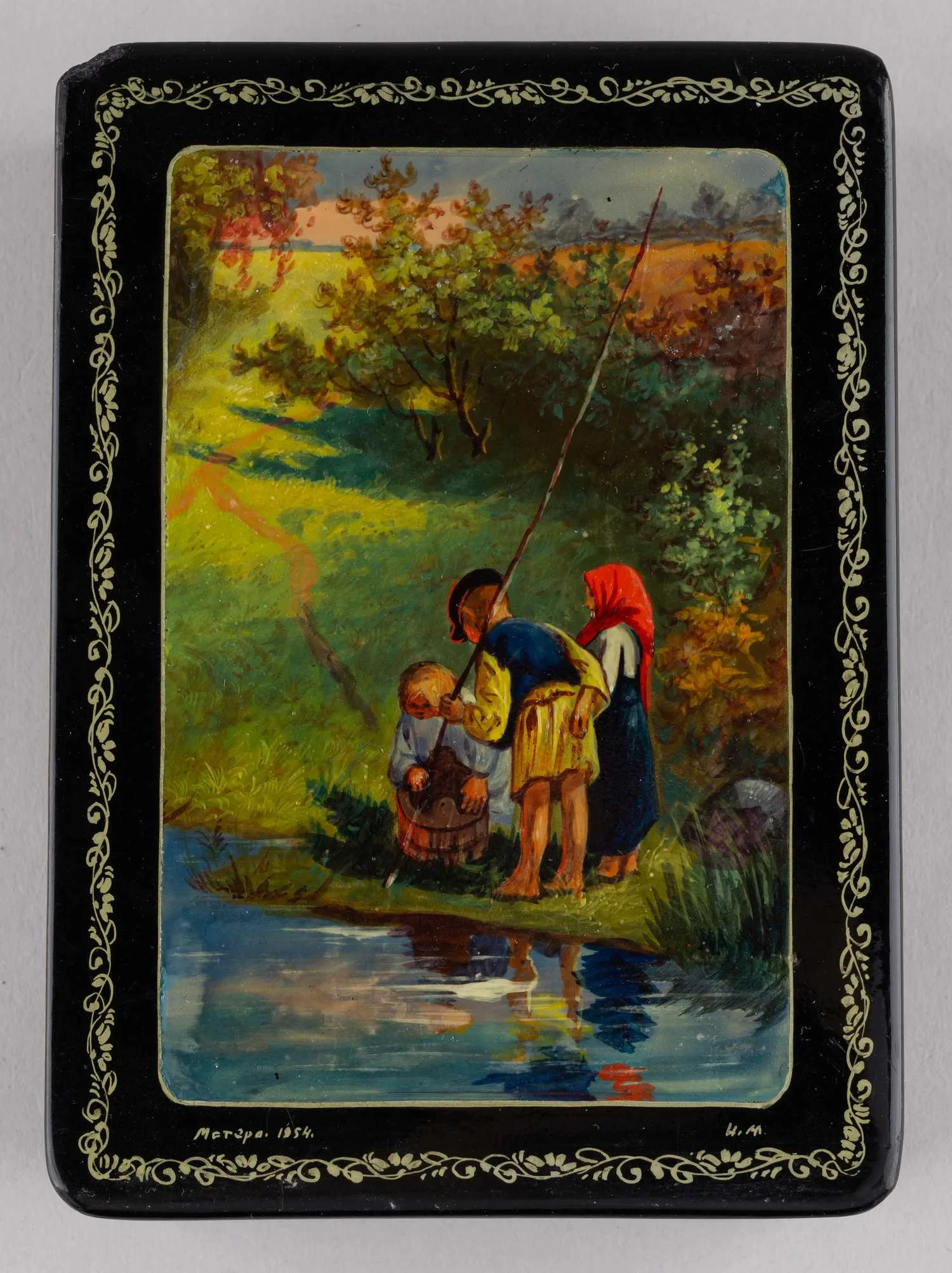 Шкатулка «На рыбалке». СССР, Мстера, художник - монограммист «И.М.», 1954. — фото 2