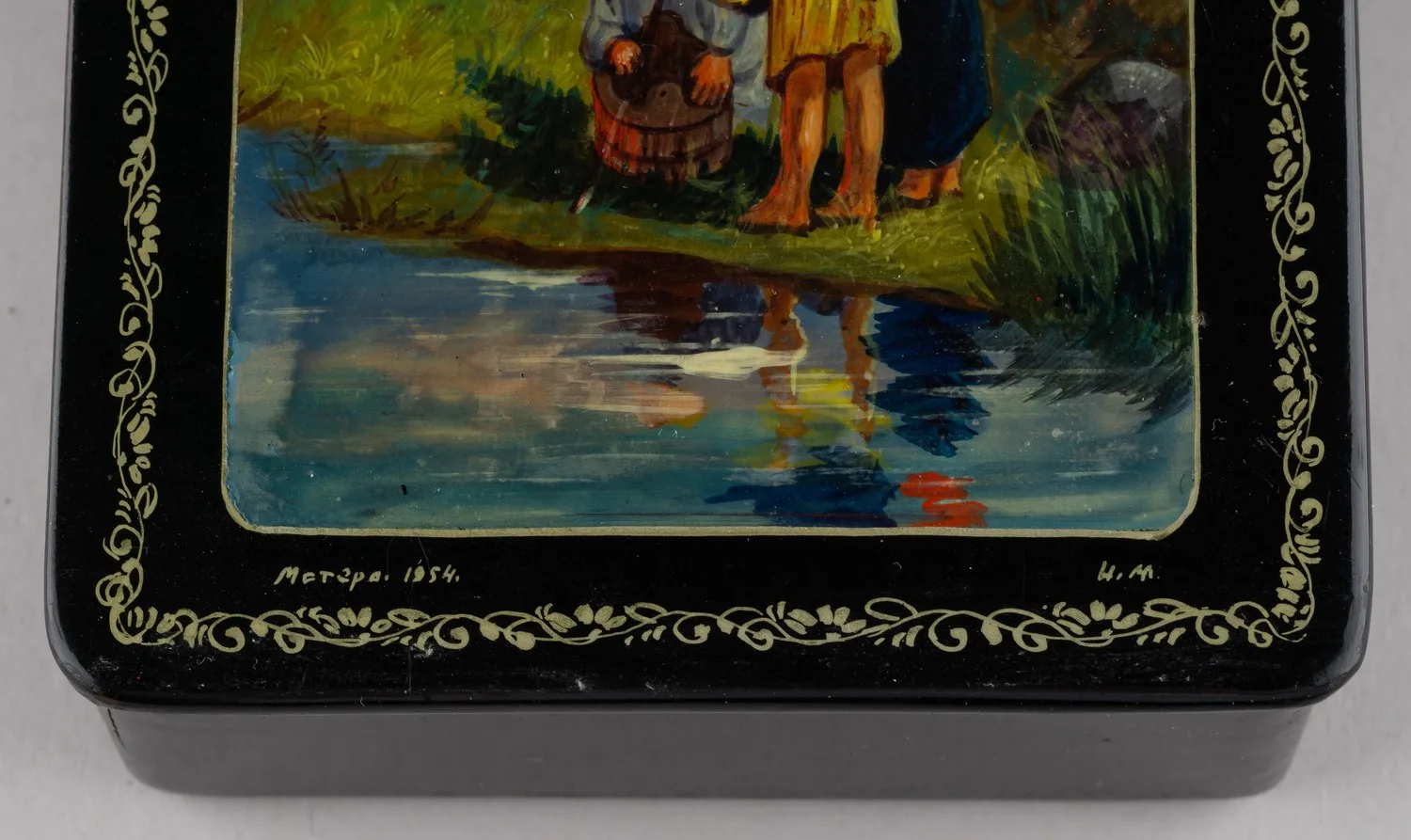 Шкатулка «На рыбалке». СССР, Мстера, художник - монограммист «И.М.», 1954. — фото 4