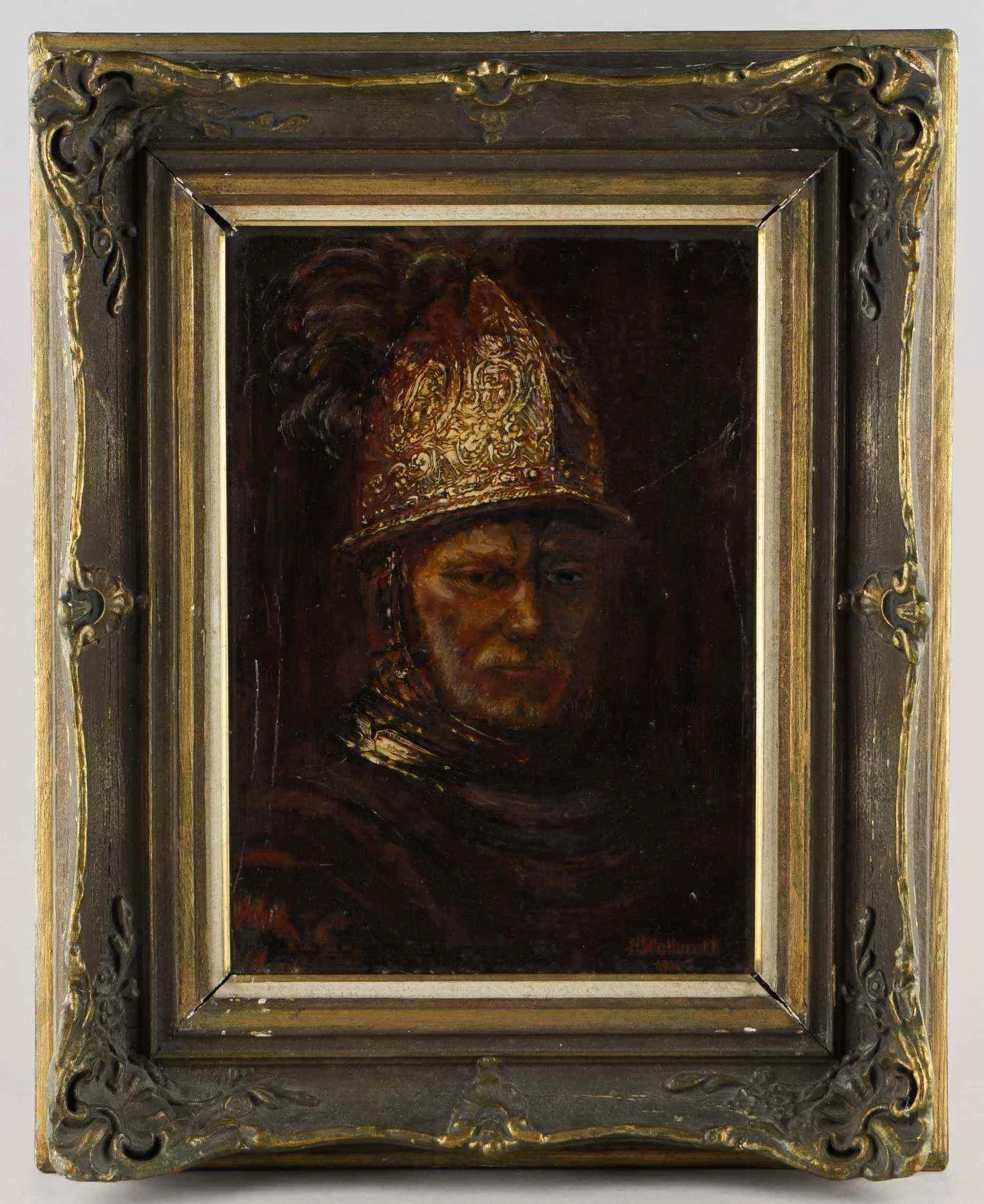 Неизвестный художник (H. Watterath по подписи) Мужчина в золотом шлеме (копия с картины Рембрандта). 1945 — фото 1