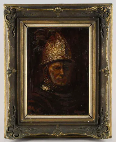 Неизвестный художник (H. Watterath по подписи) Мужчина в золотом шлеме (копия с картины Рембрандта). 1945