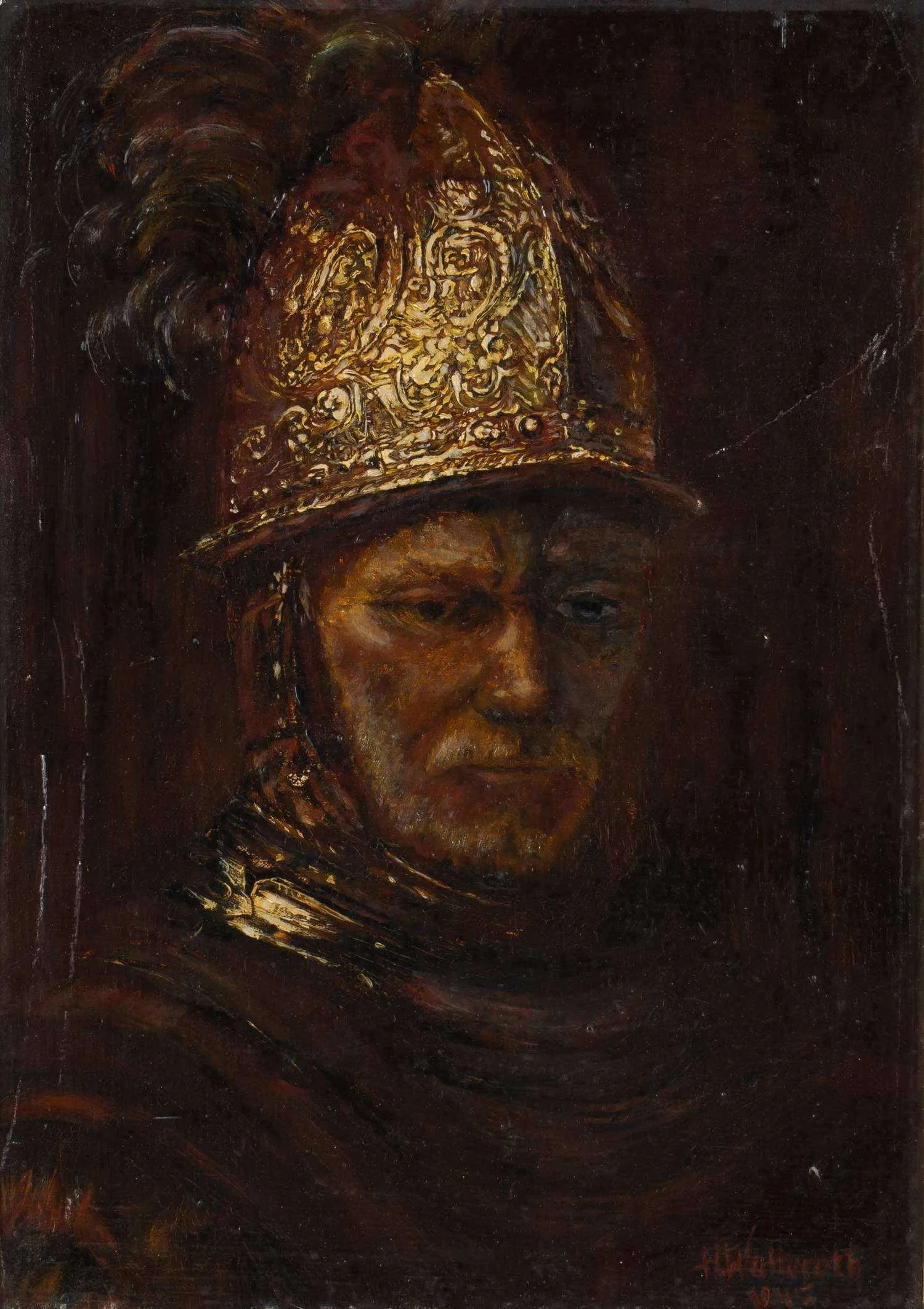Неизвестный художник (H. Watterath по подписи) Мужчина в золотом шлеме (копия с картины Рембрандта). 1945 — фото 2
