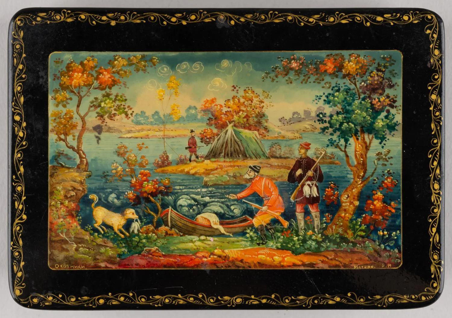 Шкатулка «Охотники». СССР, Мстёра, художник А.М. Меркурьев (?), 1930-е - 1940-е годы. — фото 2