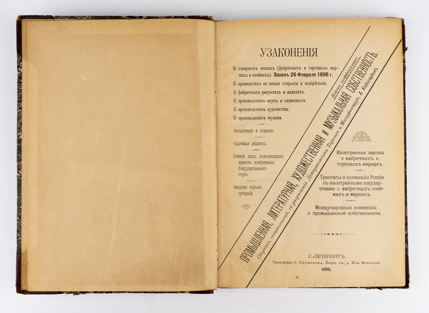 (Издание неофициальное) Кобеляцкий А. Промышленная, литературная, художественная и музыкальная собственность: Сборник, составленный с разрешения Деп. торг. и мануфактур А. Кобеляцким: Узаконения о товарных знаках (фабричных и торговых марках и клеймах). Закон 26 февраля 1896 г., о привилегиях на новые открытия и изобретения, о фабричных рисунках и моделях, о произведениях наук и словесности и мн.др. — фото 1