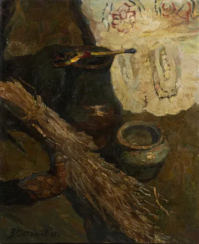 Стожаров Владимир Федорович. "Натюрморт со льном и кувшином". 1965 год.