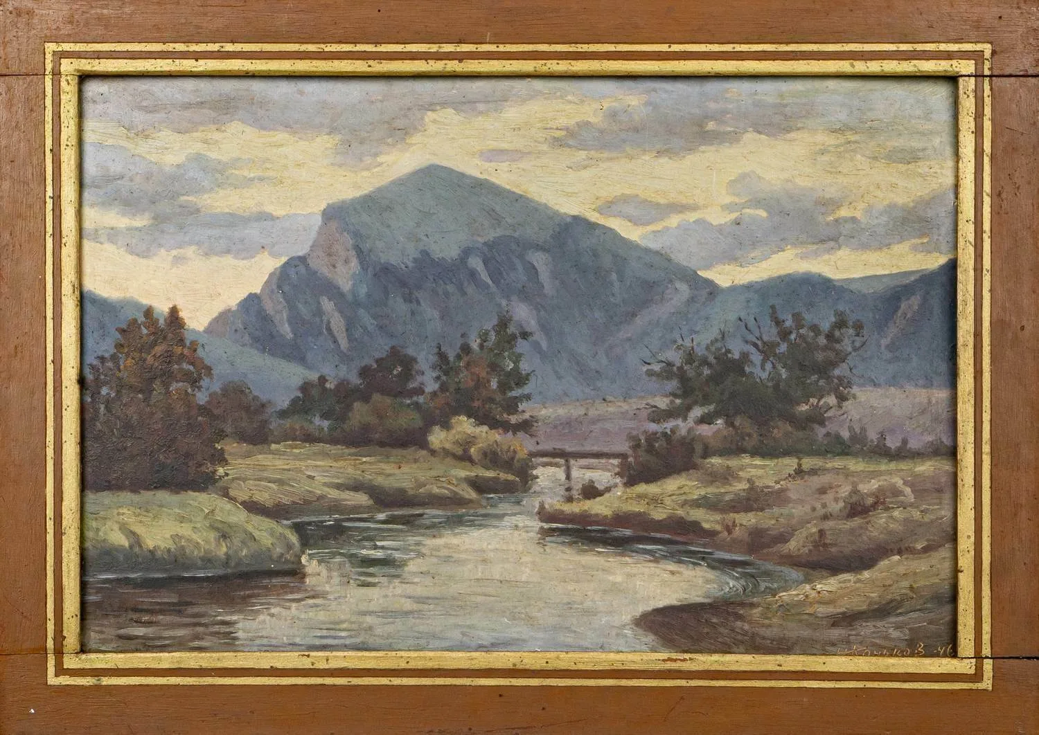 Неизвестный художник (Коньков по подписи). Река у гор. 1946. — фото 1