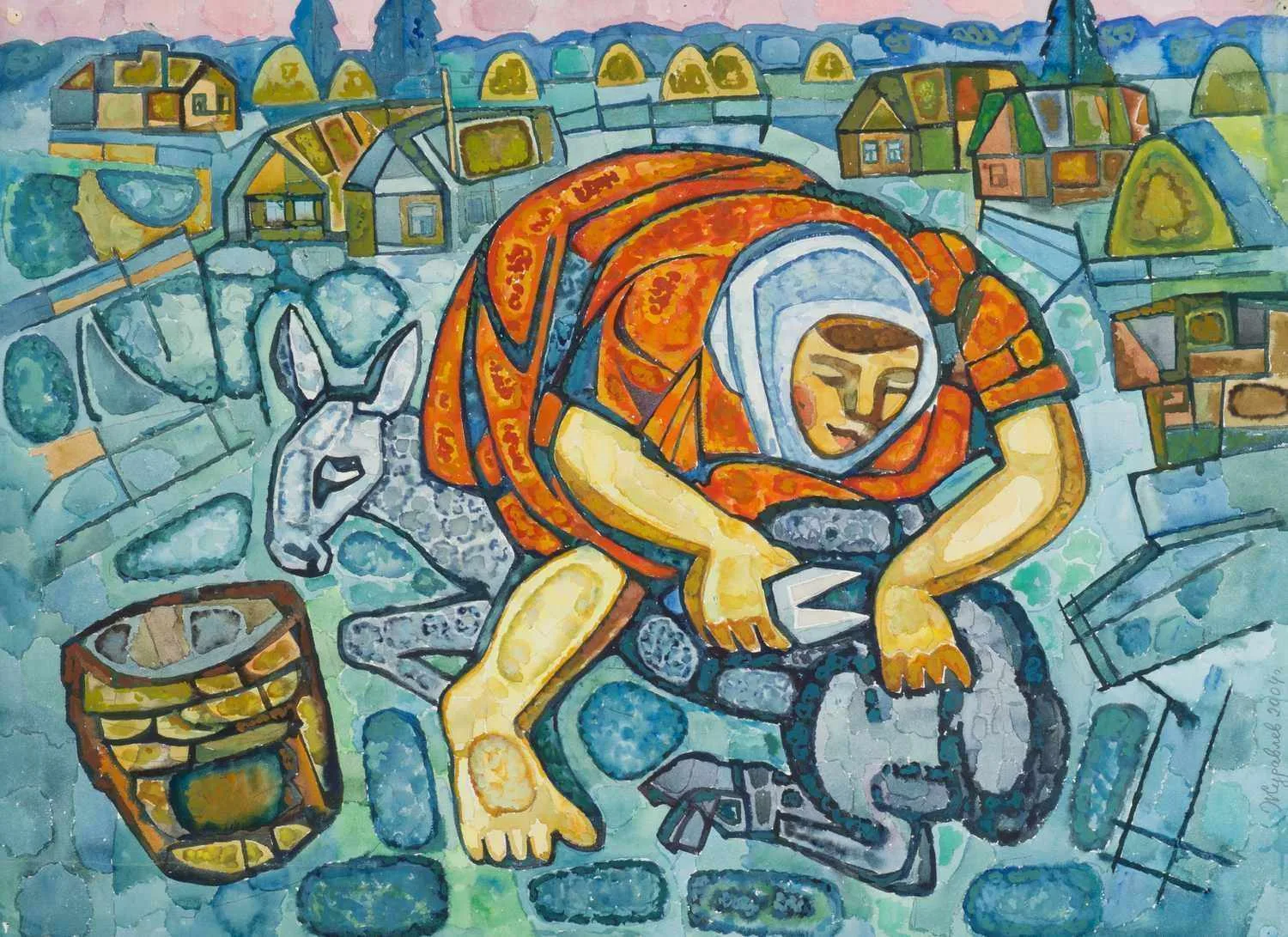 Журавлёв Дмитрий Власович. Стригут овцу в деревне. Нижний Новгород. 2004. — фото 1