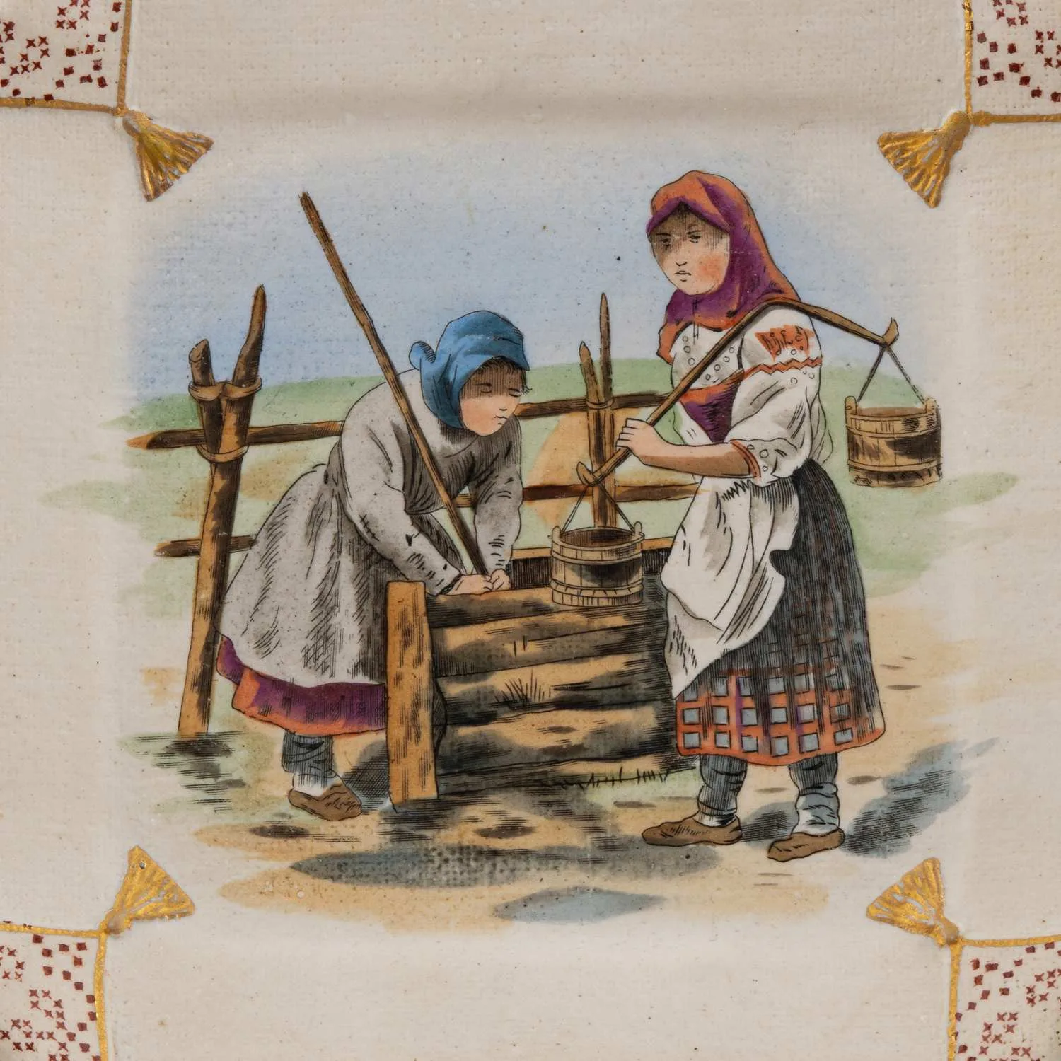 Тарелка "Салфетка" изображением двух крестьянок с ведрами воды у колодца. Россия, Санкт-Петербург, завод братьев Корниловых, вторая половина XIX века. — фото 2