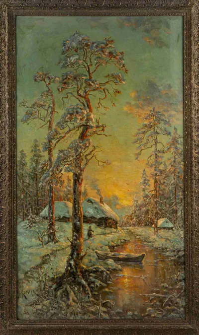 Юлий Юльевич Клевер (по подписи). Зимний пейзаж с избой и лодкой. 1898.