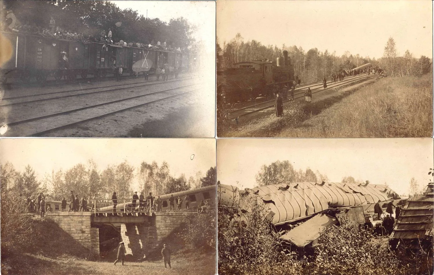 4 фотографии (на бланке открытки) «Поезд», «Крушение поезда». 1910-е годы. — фото 1