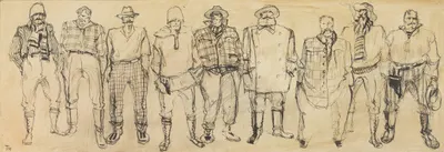 Марина Турова. Эскизы костюмов посетителей бара к фильму «В дебрях, где реки бегут». 1988.