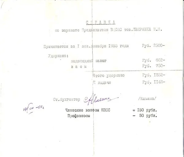 Справка о зарплате председателя ВЦСПС Н.М. Шверника за первую половину декабря 1955 года. — фото 1