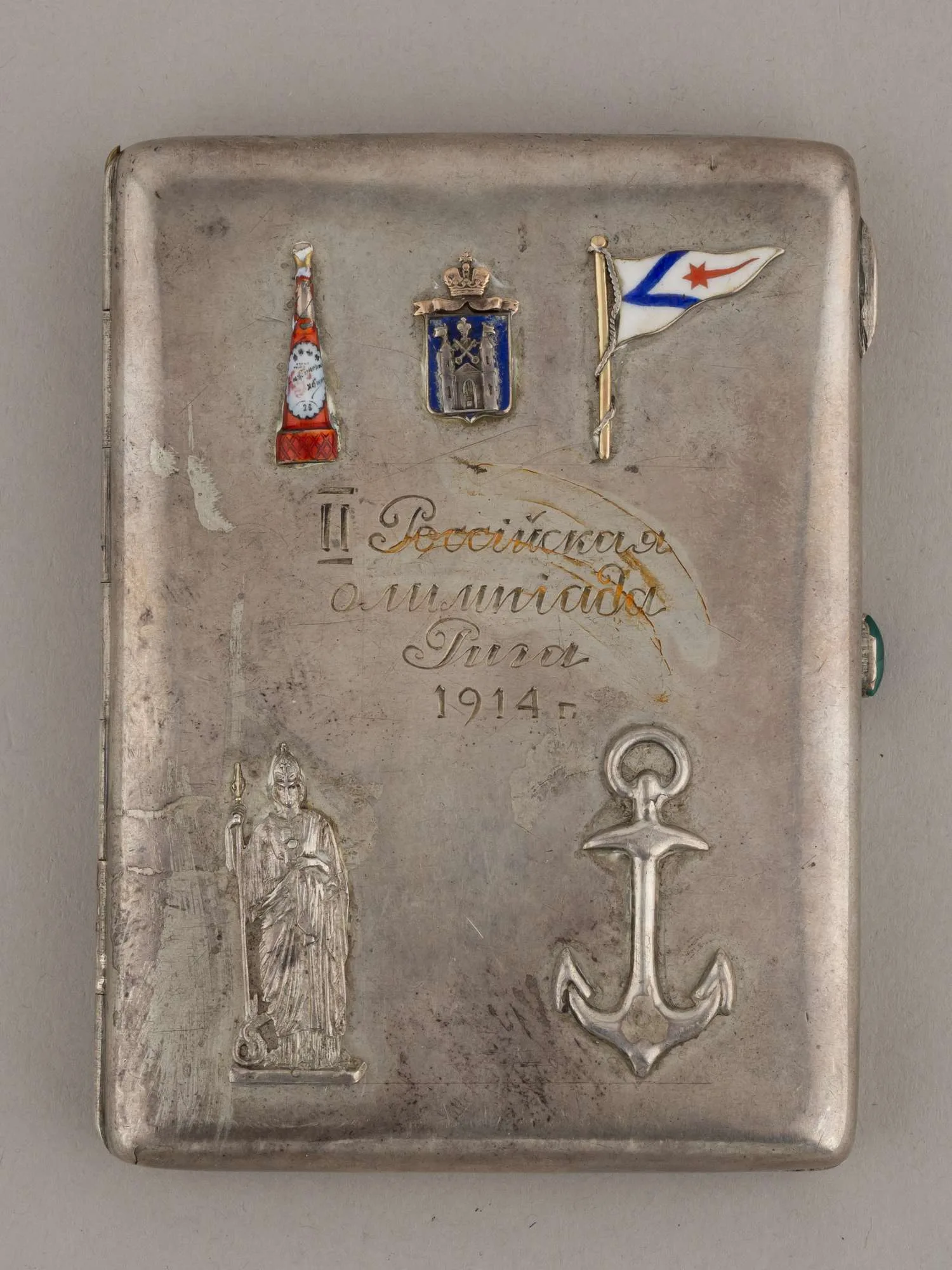 Портсигар с эмалевыми накладками ""II Российская олимпиада Рига 1914"". Россия, Москва. Абросимов Петр Евстратович, 1914. — фото 2