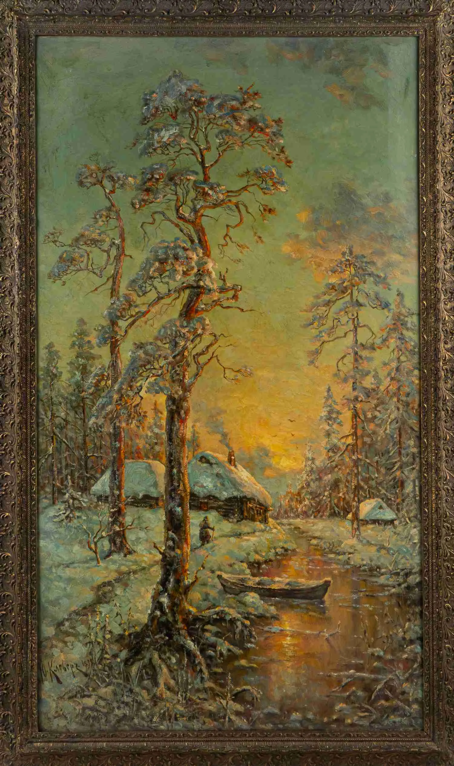 Юлий Юльевич Клевер (по подписи). Зимний пейзаж с избой и лодкой. 1898. — фото 1