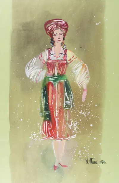 Тиме-Блок Марина Георгиевна. Эскиз. Красный костюм. 1974.
