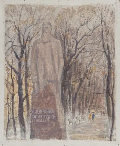 Дехтерева Татьяна Александровна. Эскиз к литографии «Памятник Ф.А. Афанасьеву в Иваново». 1970-е годы.
