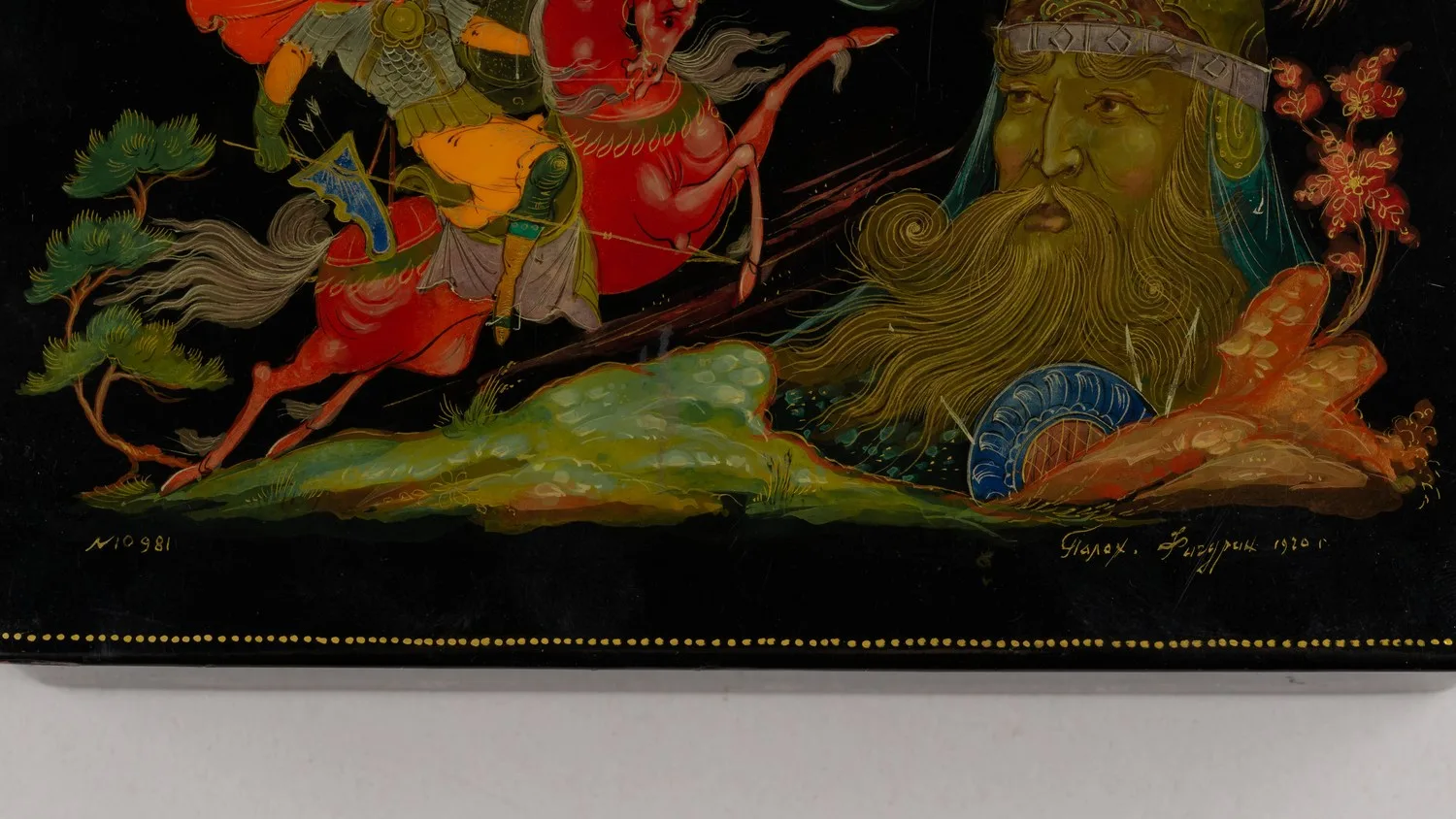 Шкатулка «Бой Руслана с Черномором». СССР, Палех, художник - А.А. Фигурин, середина ХХ века. — фото 4