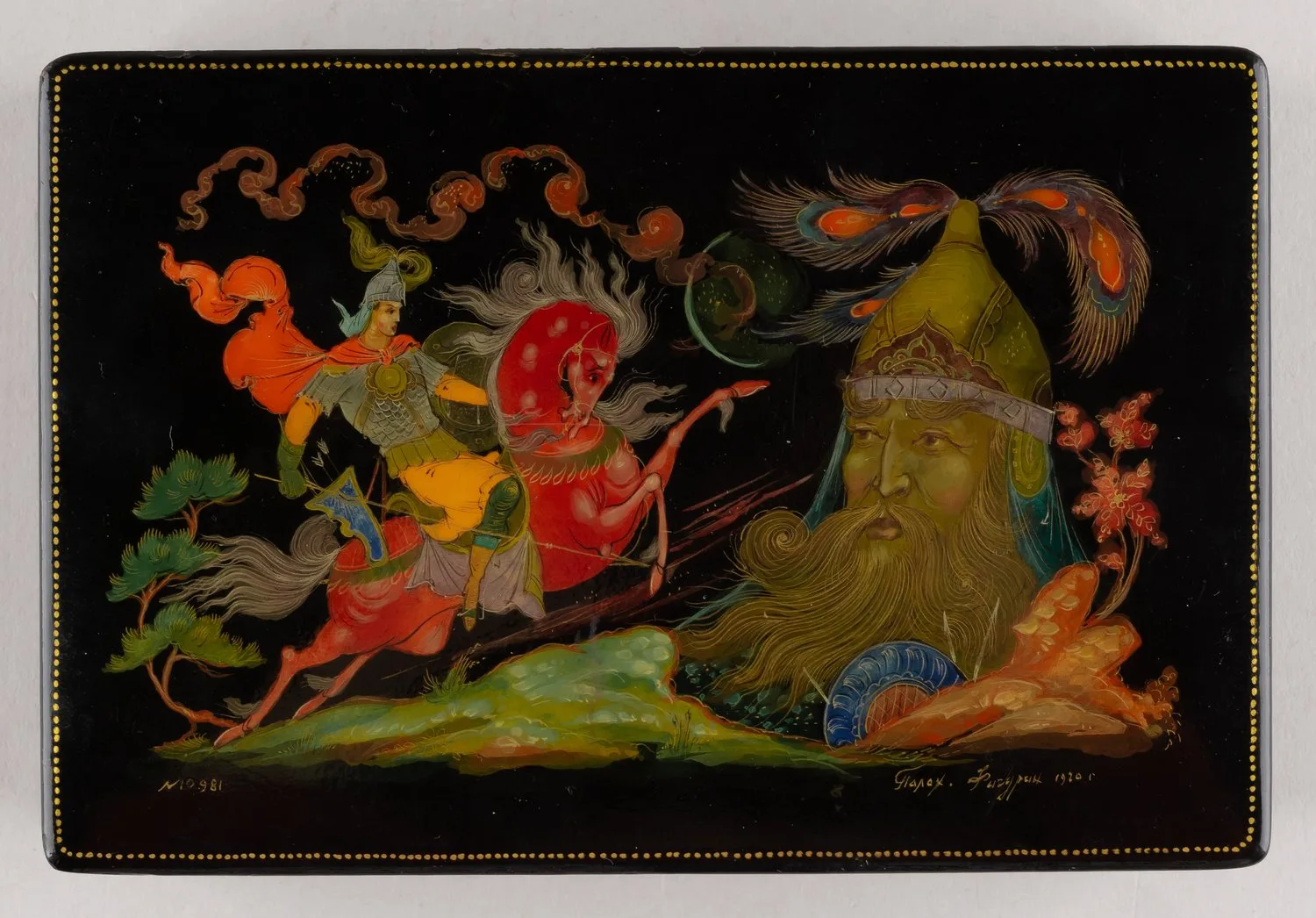 Шкатулка «Бой Руслана с Черномором». СССР, Палех, художник - А.А. Фигурин, середина ХХ века. — фото 3