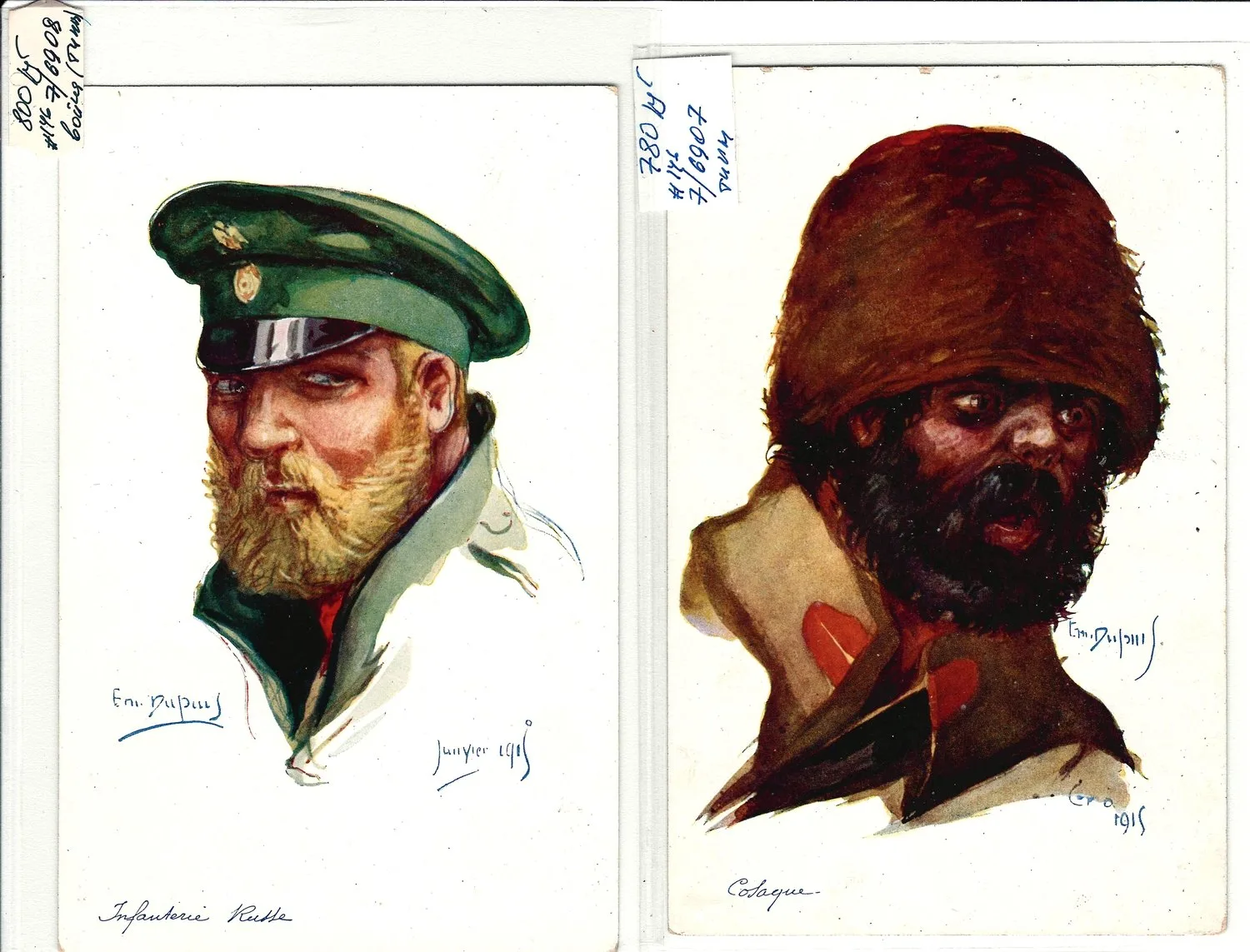 Дюпюи Э. Открытки «Русский пехотинец», «Казак». Франция, 1915. — фото 1