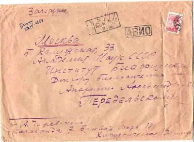 Конверт письма собственноручно подписанный Александром Леонидовичем Чижевским и прошедший почту из Караганды в Москву в марте 1954 года на имя доктора биологических наук Анатолия Александровича Передельского.