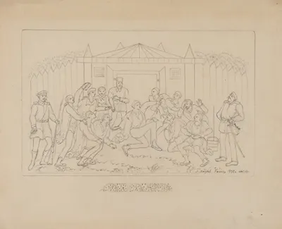 Мазаев Леонид Михайлович. Эскиз для шкатулки. У проходной. 1935.