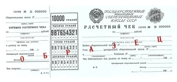 9 образцов и погашенных для использования в качестве образцов различных расчётных чеков Государственных трудовых сберегательных касс и Сберегательного банка России. 1970-е - 1990-е годы. — фото 5