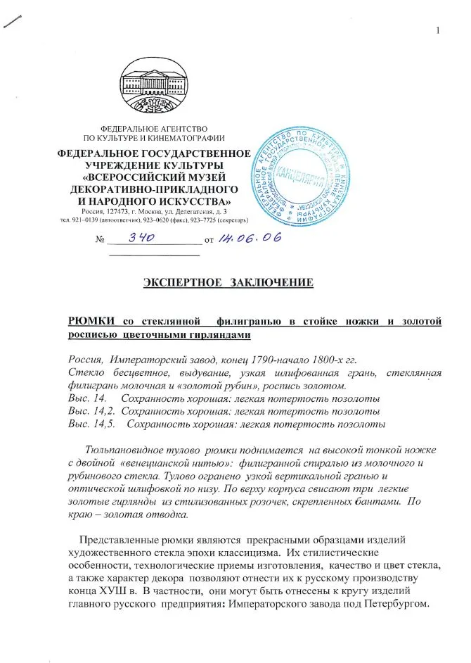 (С экспертизой) Рюмка с филигранью с росписью цветочными гирляндами. Россия, Императорский завод, конец 1790 – начало 1800. — фото 5
