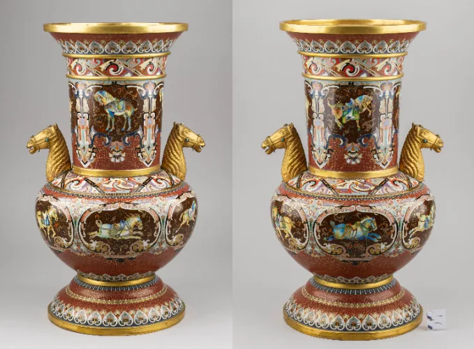 (Экспертиза) Ваза (46см) в технике клуазоне «Танские кони». Китай, 1920–1930-е годы. — фото 1