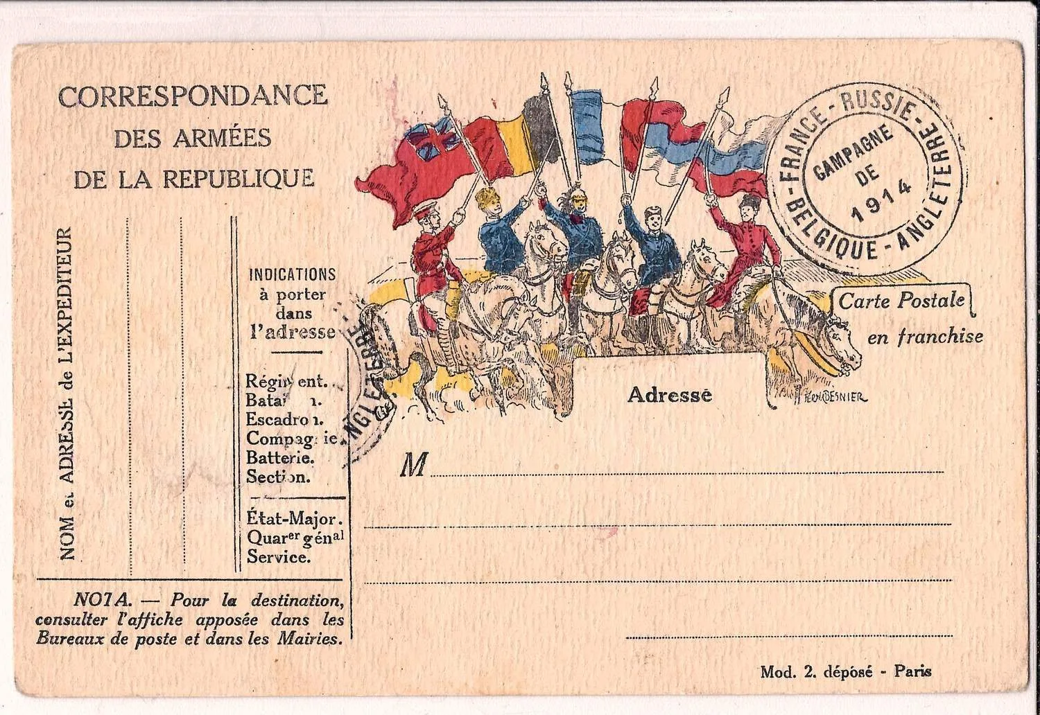 Открытка и почтовая карточка «Союз России, Бельгии, Франции и Англии. 1914». Франция, 1914. — фото 2
