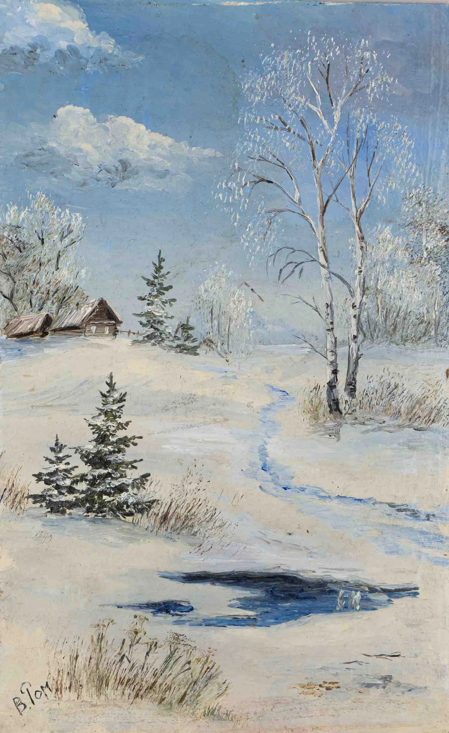 Неизвестный художник. (В. Ромашина по подписи) Зимний пейзаж, 1997 год. — фото 1
