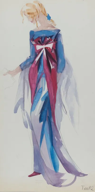 Турова Марина. Эскиз девушки в платье с розовым бантом. 1982.