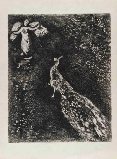 Шагал Марк Захарович. Павлин, жалующийся Юноне. 1927. Иллюстрация к басне Жана де Лафонтена.